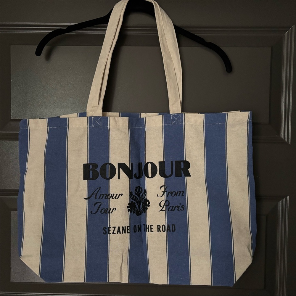 Sezane blue & white/cream striped canvas Bonjour tote bag